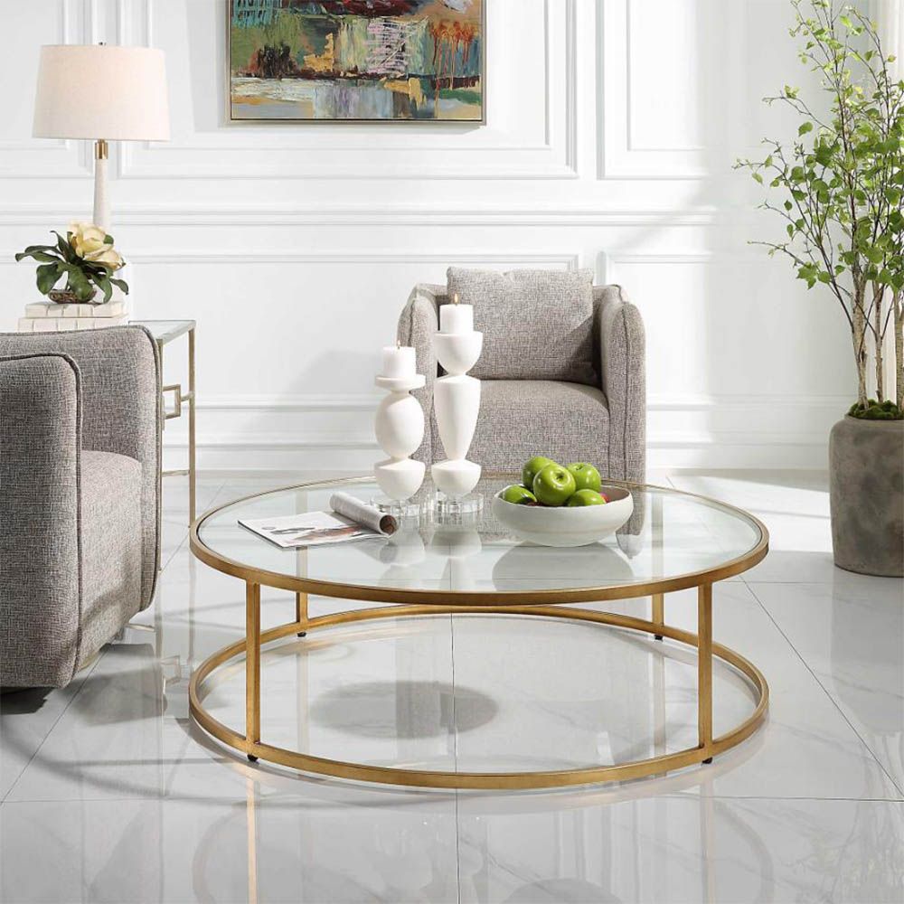 Round coffee table with brass frame coffee table with glass surface