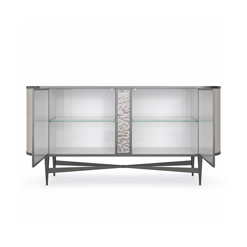 Strikingly modern and elegant sideboard with LED lit interior and ribbed glass doors