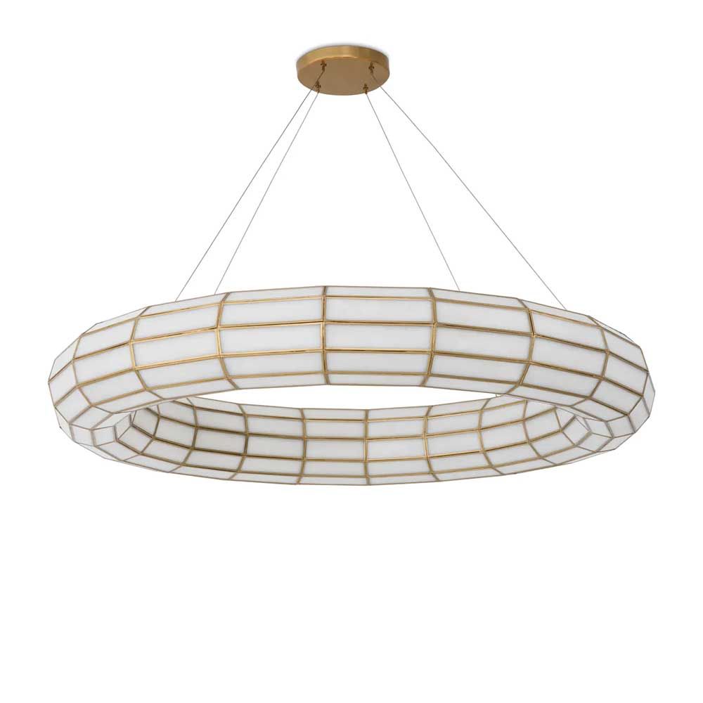 Elegant tube halo style chandelier with brass grid detailing