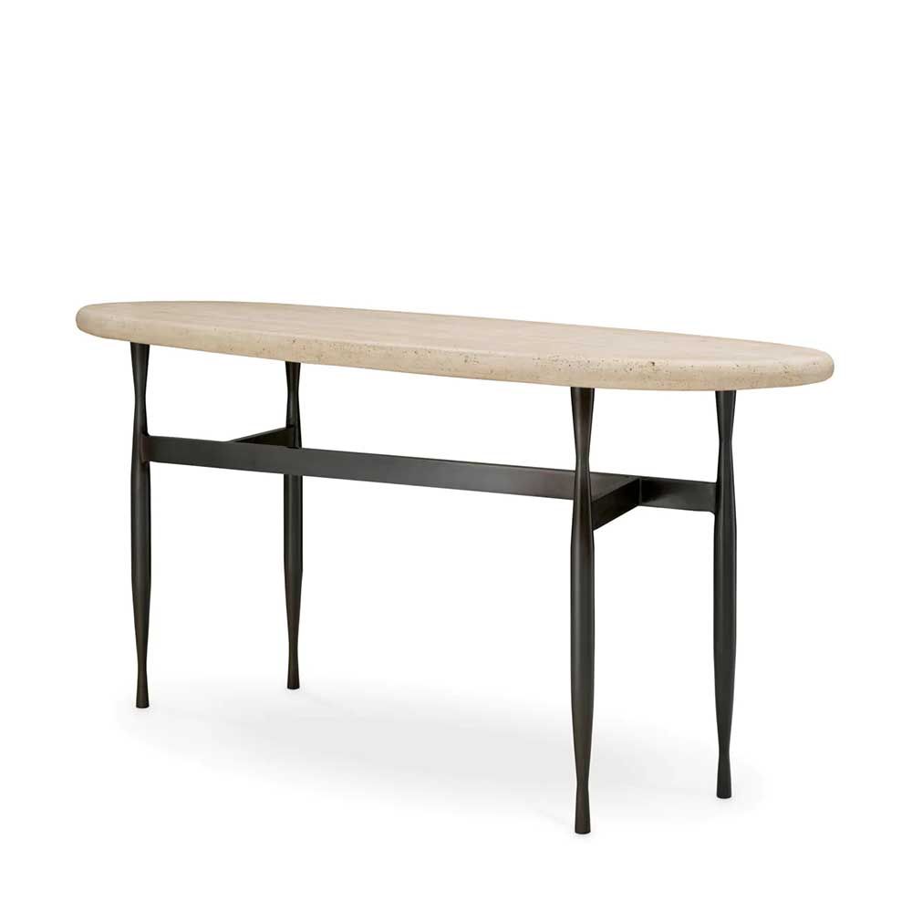 Travertine-topped console table set in a simplistic bronze finished base. 