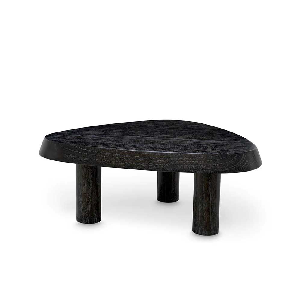 Black wooden coffee table with pebble-shaped top and three legs