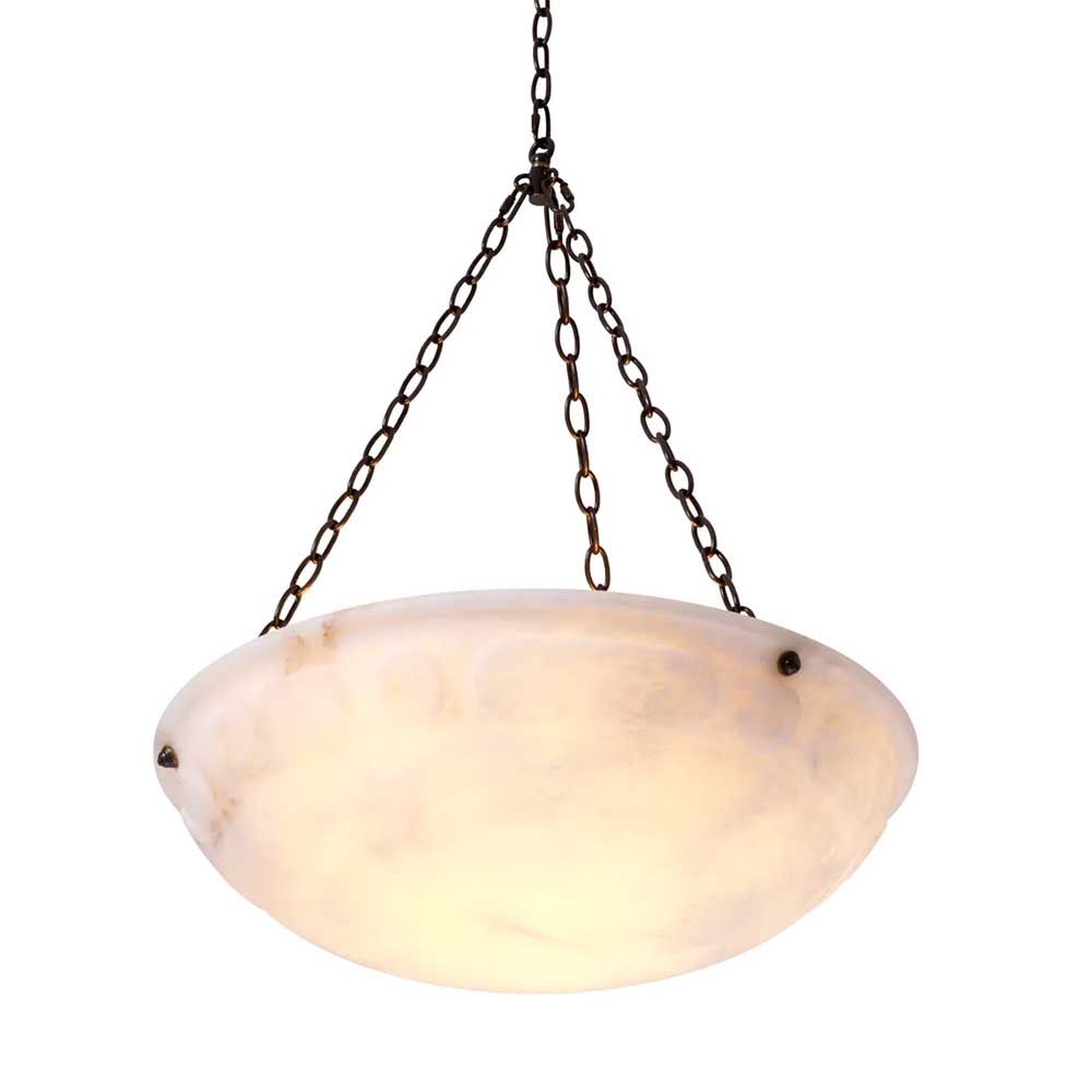 Alabaster dish-style pendant light with brass chain suspension