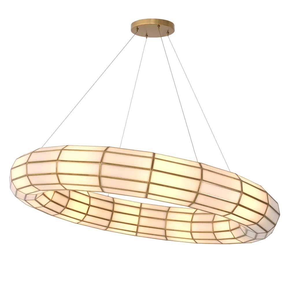 Elegant tube halo style chandelier with brass grid detailing