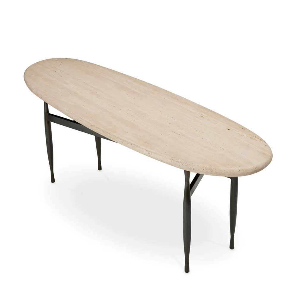 Travertine-topped console table set in a simplistic bronze finished base. 