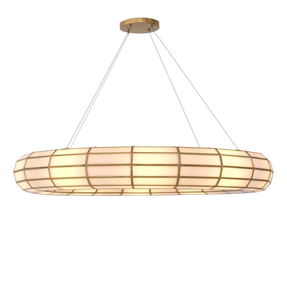 Elegant tube halo style chandelier with brass grid detailing