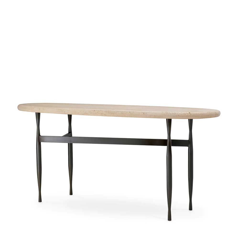 Travertine-topped console table set in a simplistic bronze finished base. 
