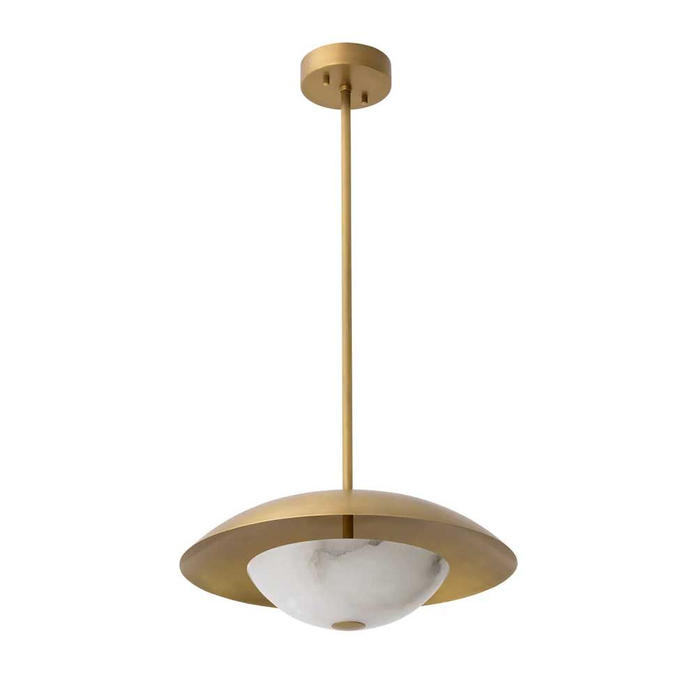 Brass ceiling light with alabaster semi-sphere detail