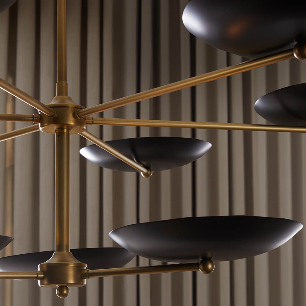 Black discs mounted on brass fixture