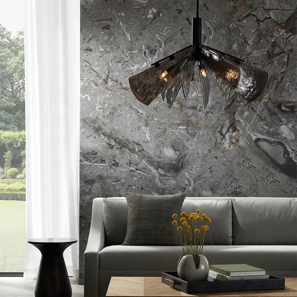 Black, smoke glass floral silhouette chandelier