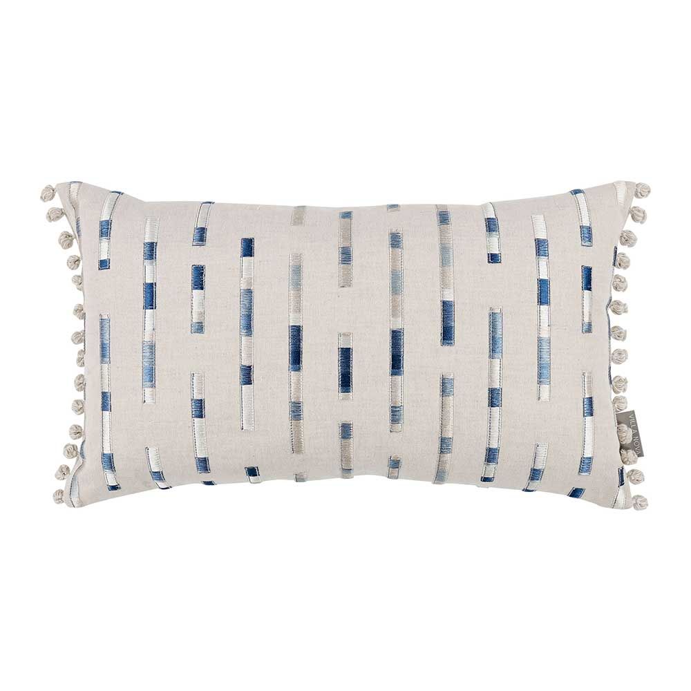 Embroidered cushion with stripes in tonal colours with bobble fringe.