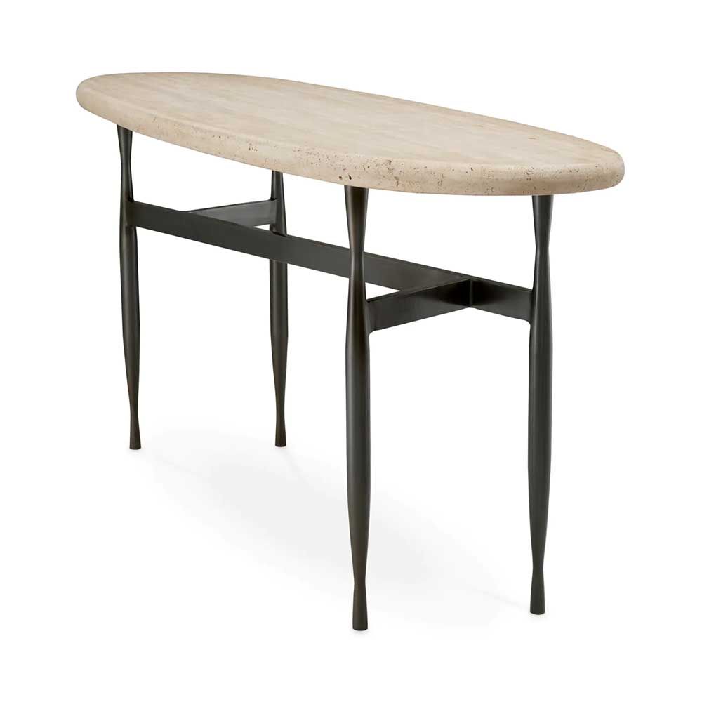 Travertine-topped console table set in a simplistic bronze finished base. 