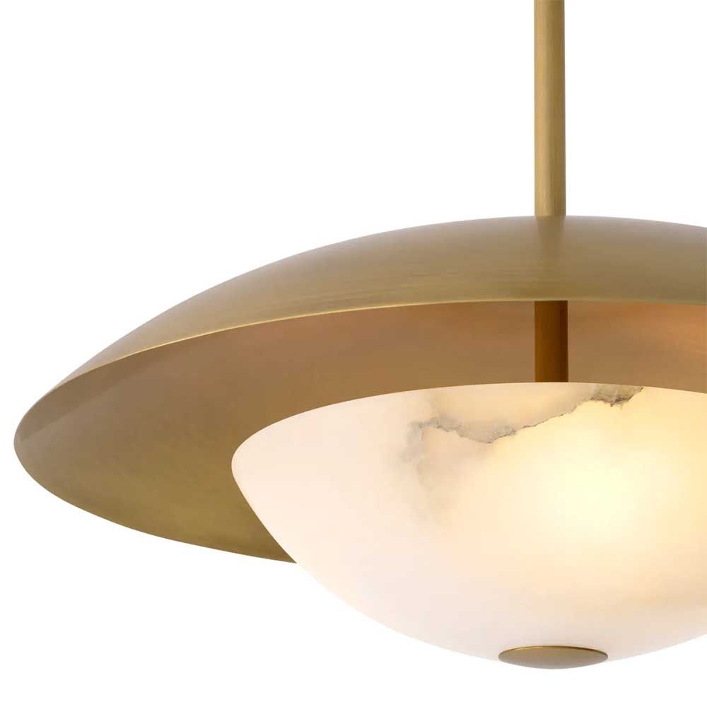 Brass ceiling light with alabaster semi-sphere detail