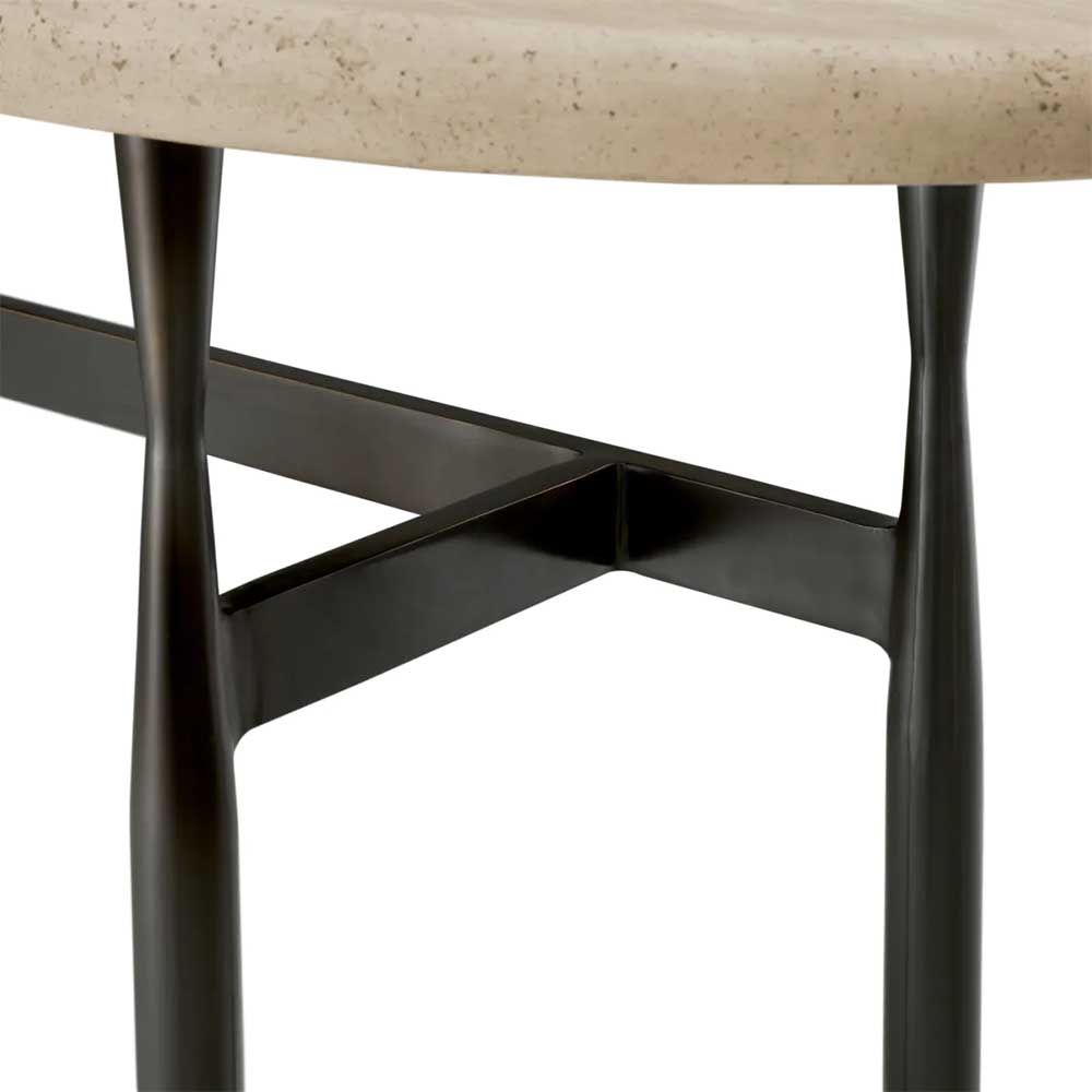 Travertine-topped console table set in a simplistic bronze finished base. 