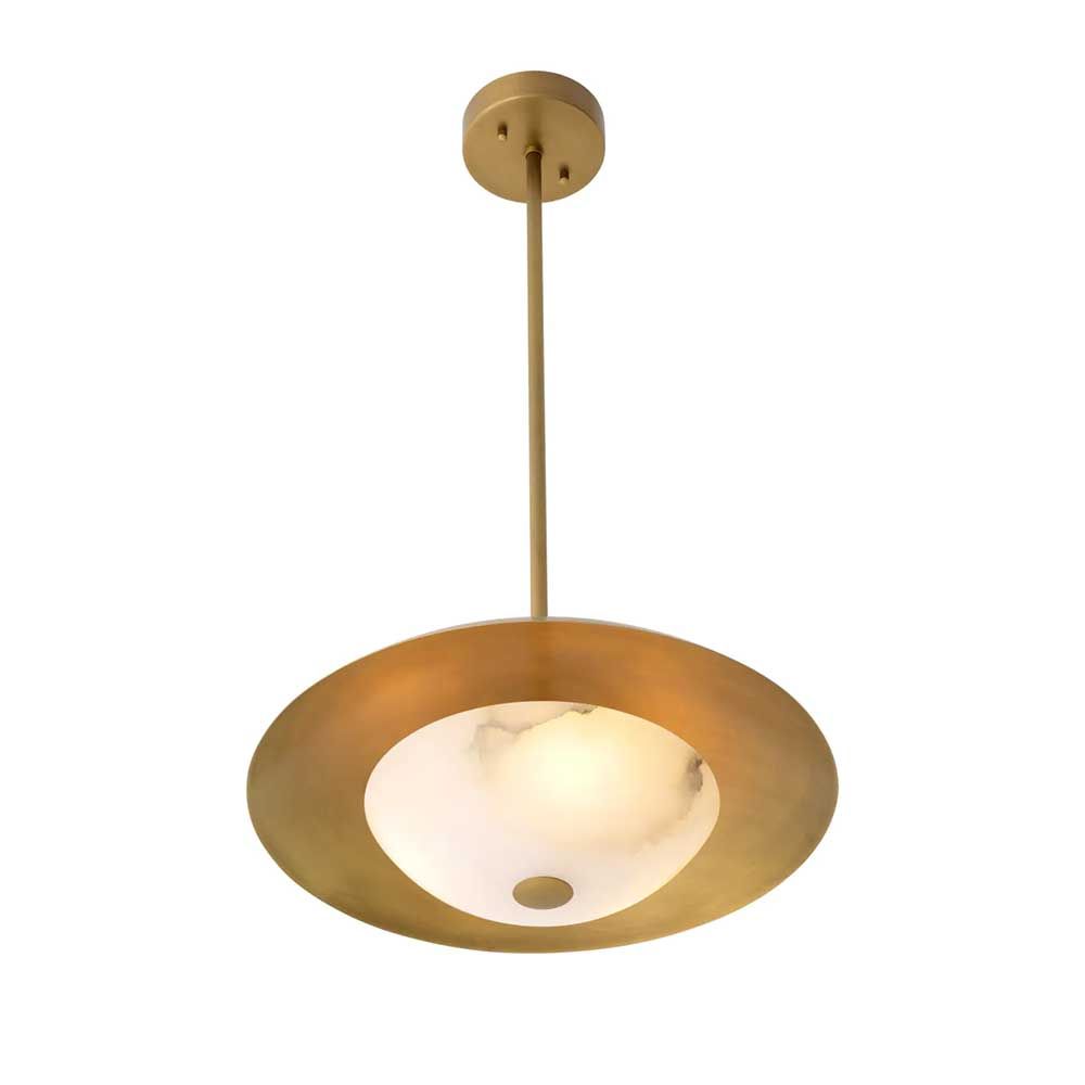 Brass ceiling light with alabaster semi-sphere detail