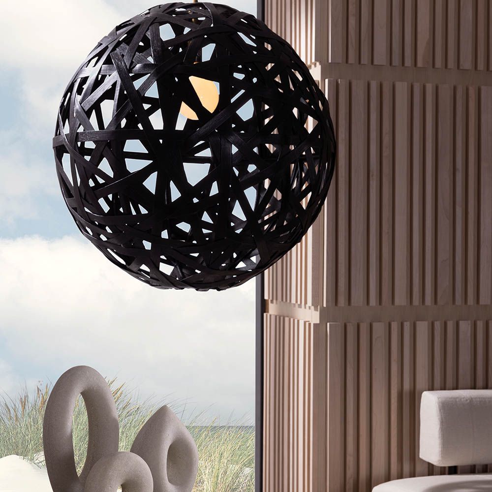 Woven sphere pendant light in black rattan