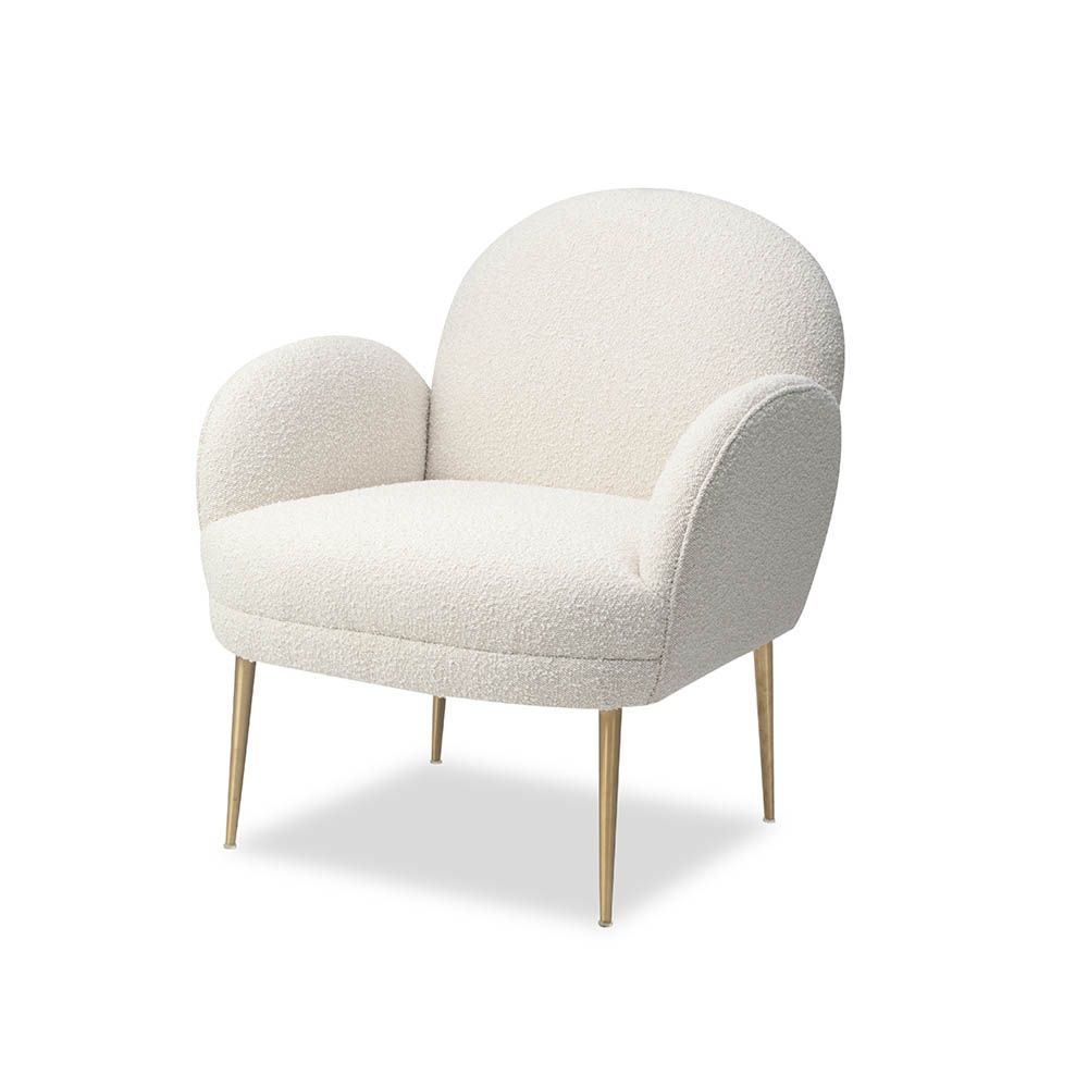 Artisan curved armchair finished in boucle sand with brass legs