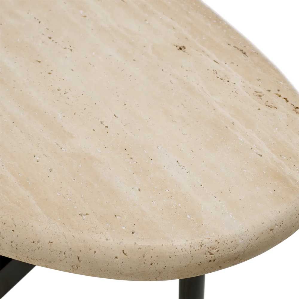 Travertine-topped console table set in a simplistic bronze finished base. 