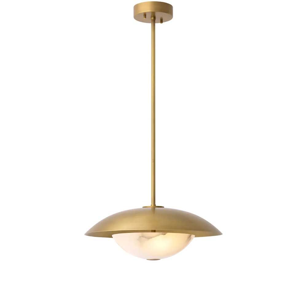 Brass ceiling light with alabaster semi-sphere detail