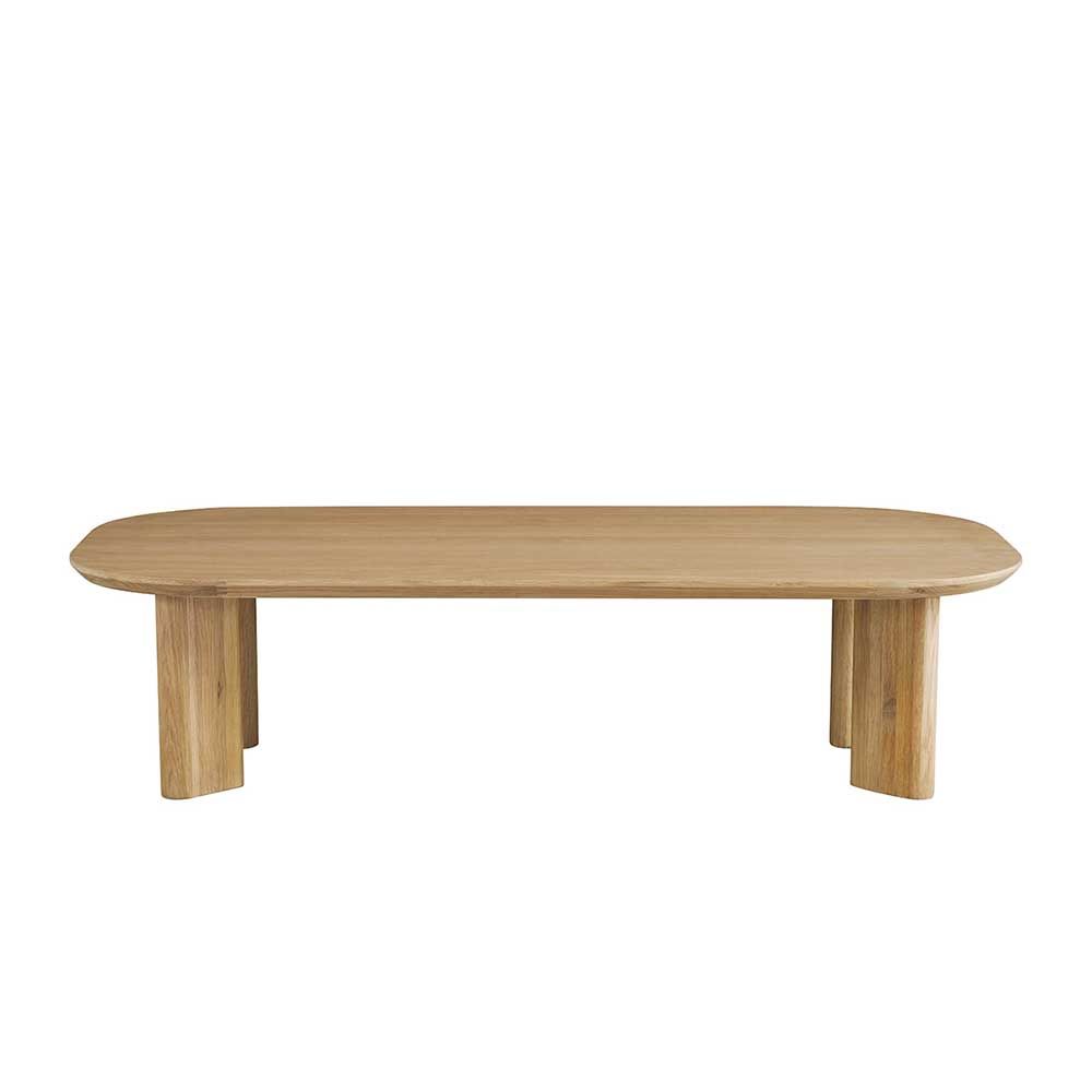 Scandi-inspired coffee table with light wood finish and turned-in legs
