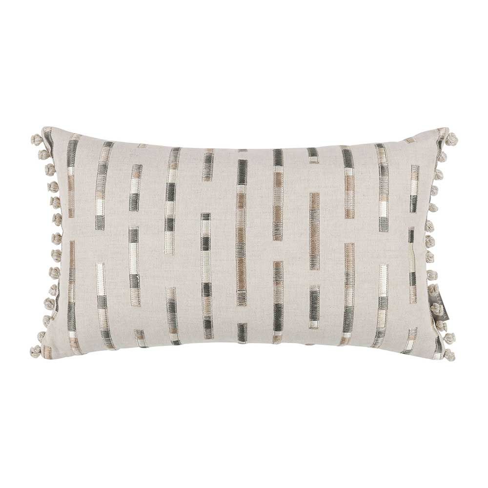 Embroidered cushion with stripes in tonal colours with bobble fringe.
