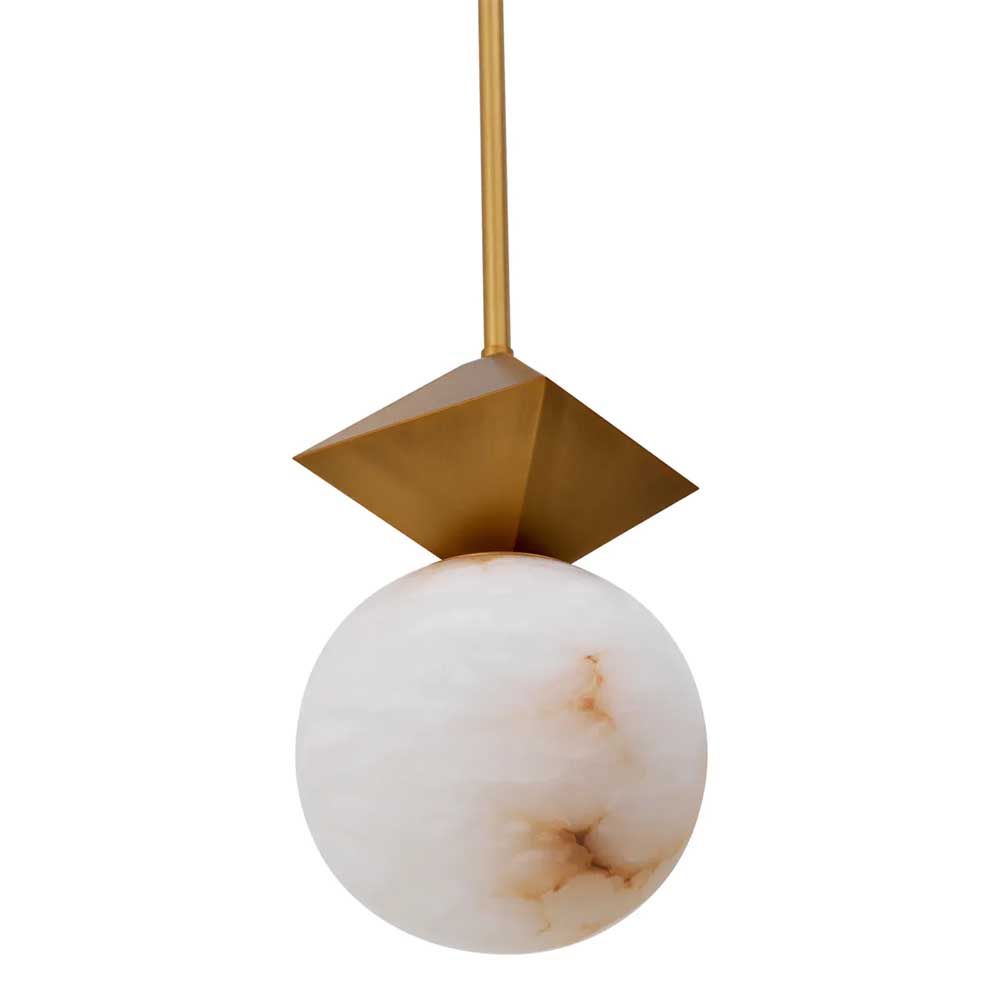 alabaster sphere pendant light with brass diamond top detail