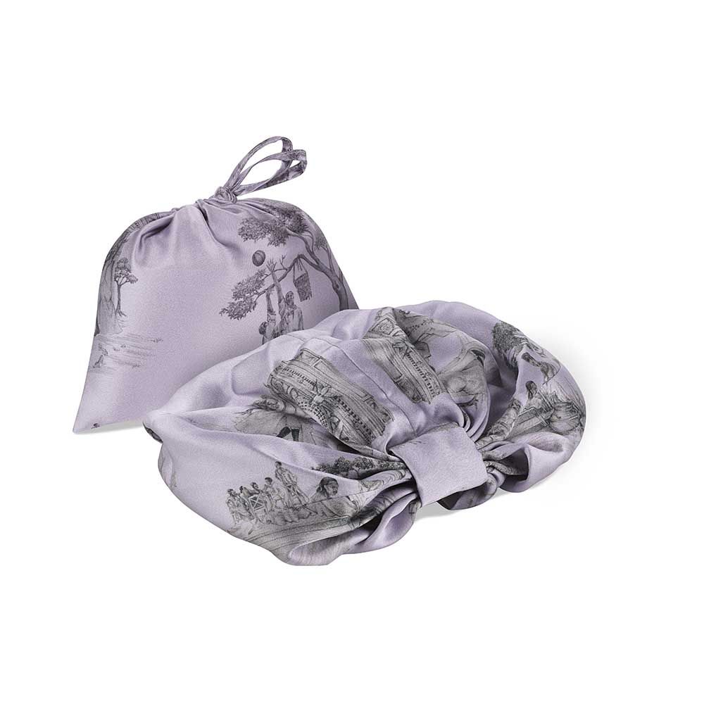 Lilac silk hair wrap with black traditional artistic pattern