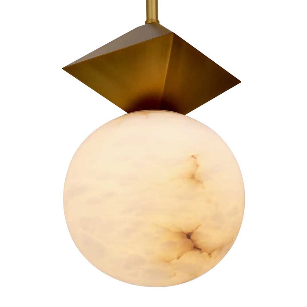 alabaster sphere pendant light with brass diamond top detail