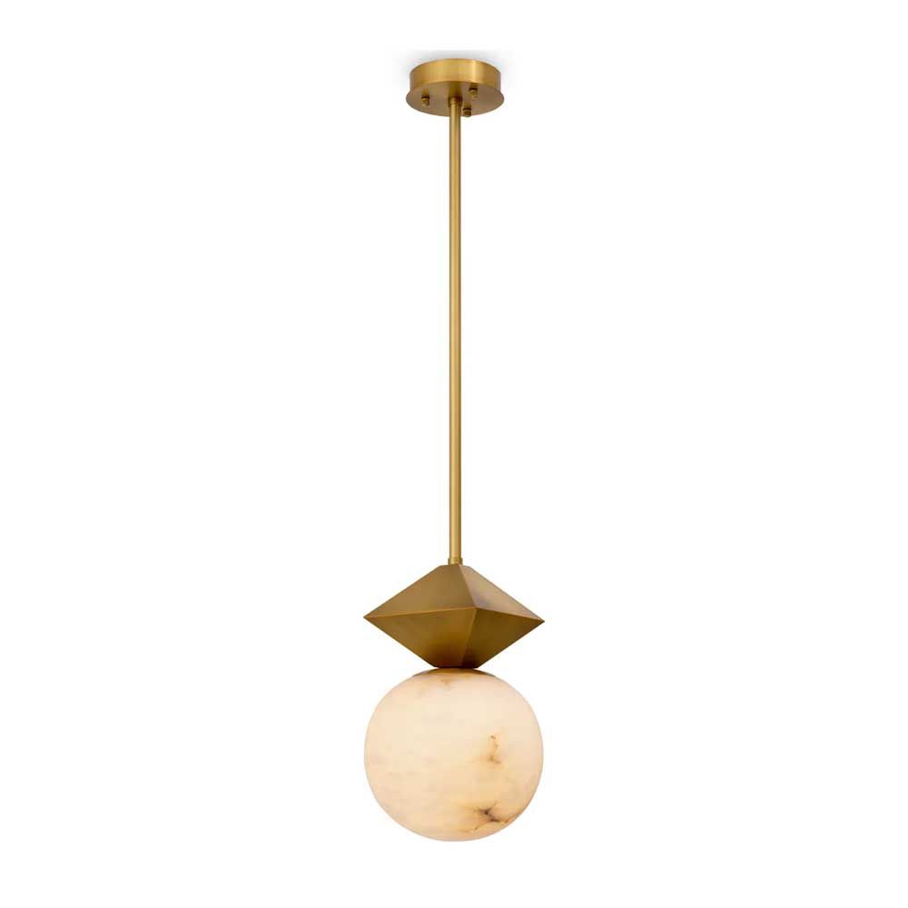alabaster sphere pendant light with brass diamond top detail