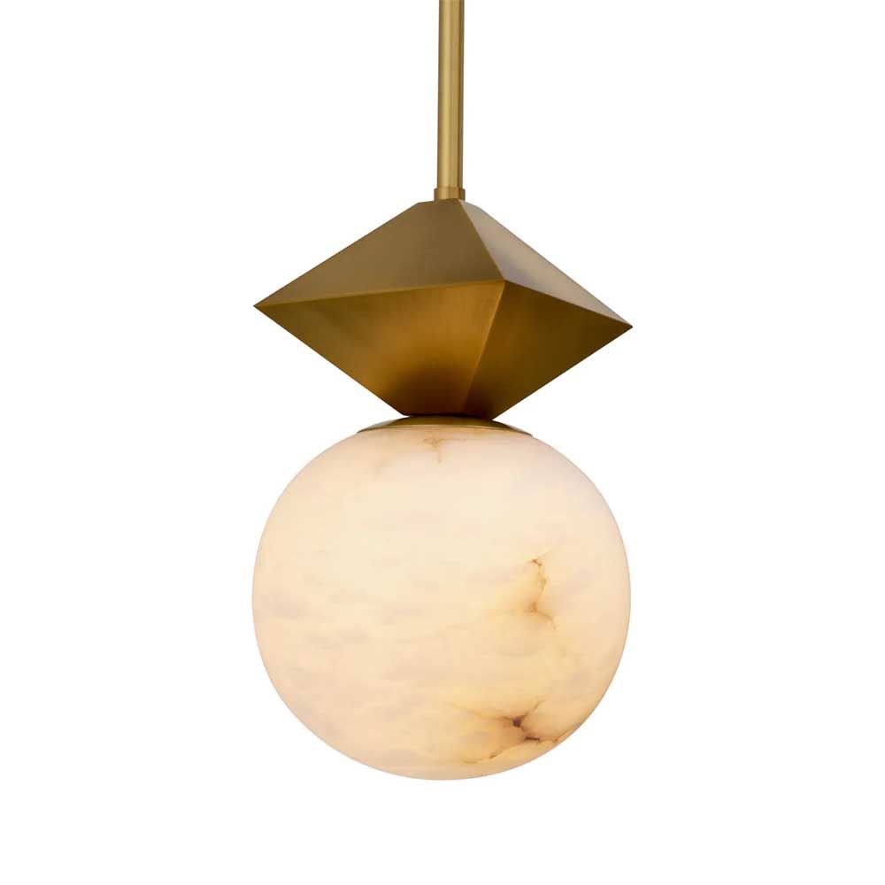 alabaster sphere pendant light with brass diamond top detail