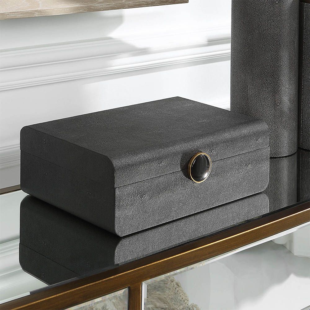 A sophisticated shagreen box by Uttermost with a beautiful black enamel closure
