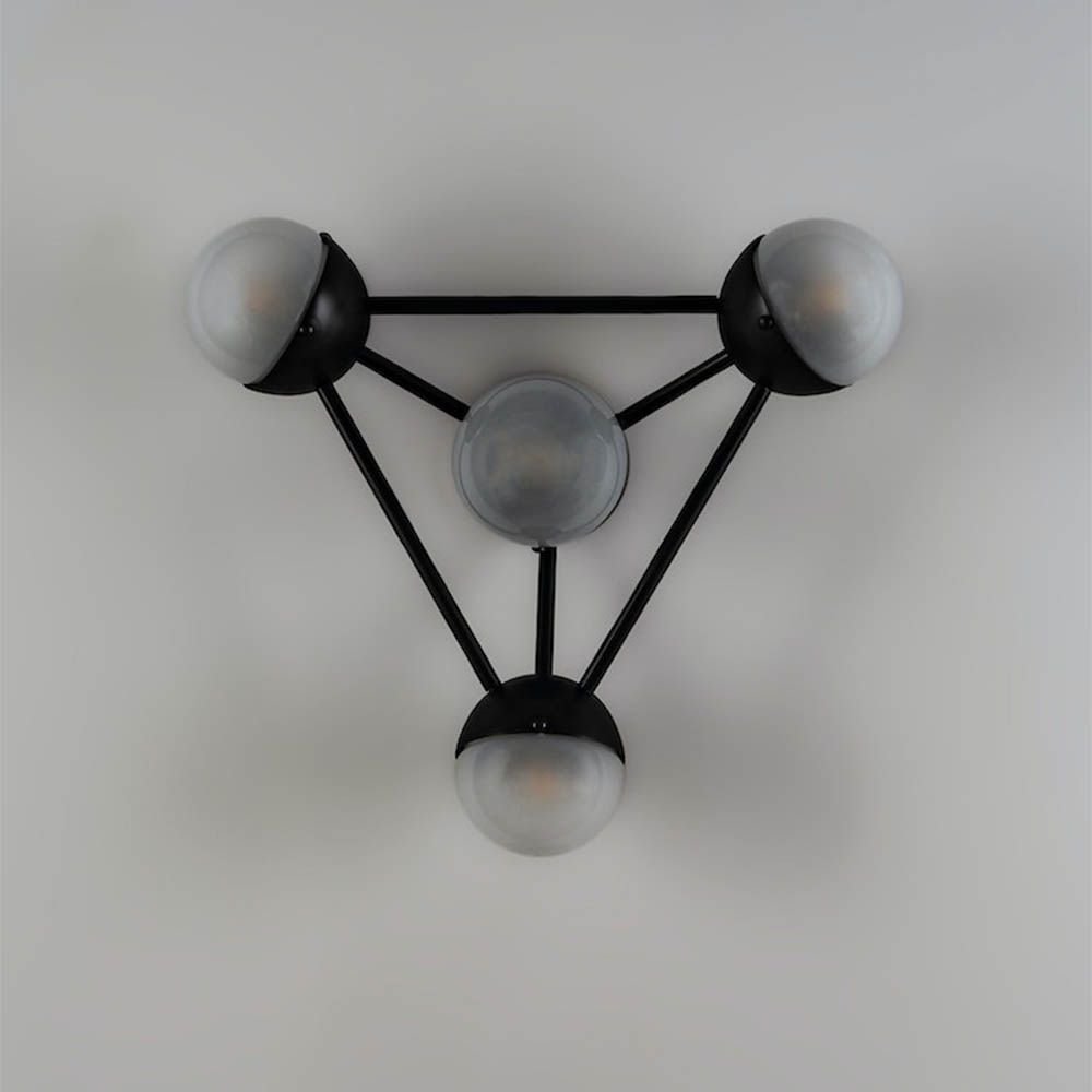 Elegant black gunmetal triangular structure with four orb shades