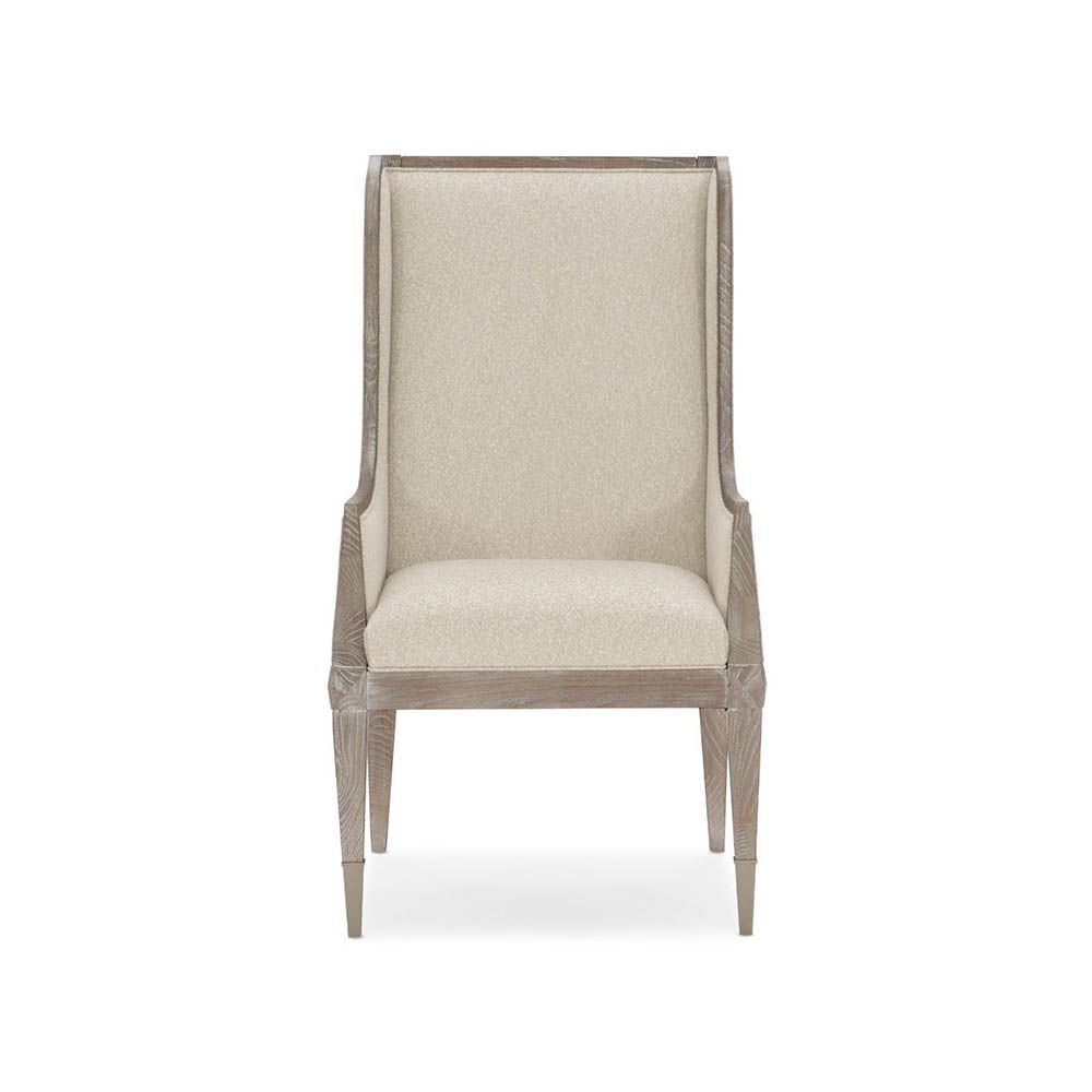 Neutral upholstered dining chair with wooden frame