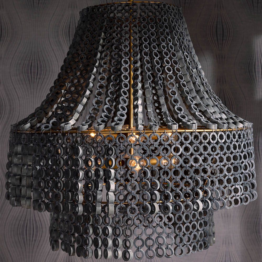 Grey beechwood chandelier with layered hand-carved circular beads 