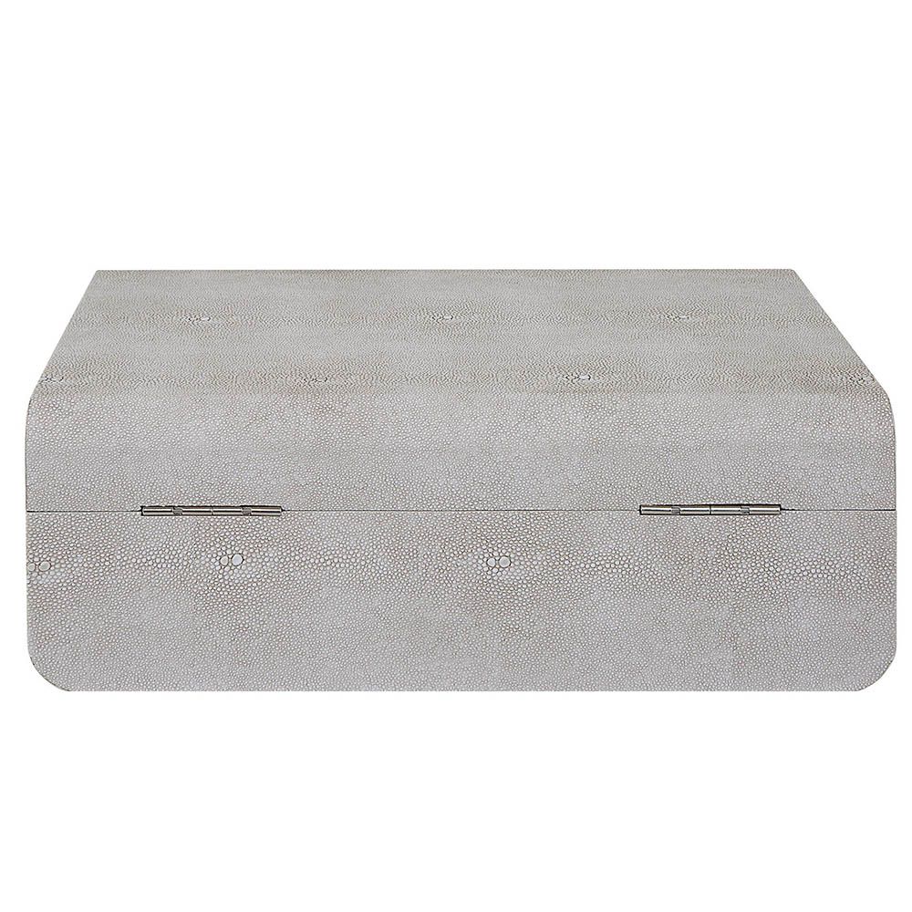 A stylish shagreen box with a white finish and black enamel closure
