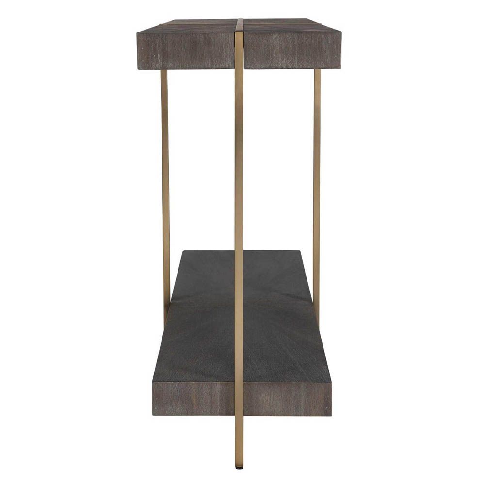 Modern grey console table with sleek stainless steel frame adorned in brushed brass