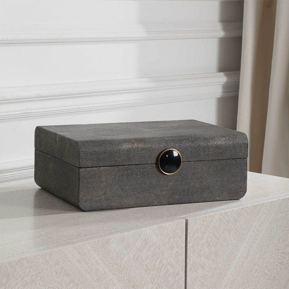 A stylish shagreen art deco box by Uttermost with a beautiful black enamel closure