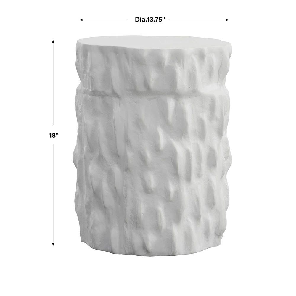 Textured tree trunk-like side table with chalky white finish