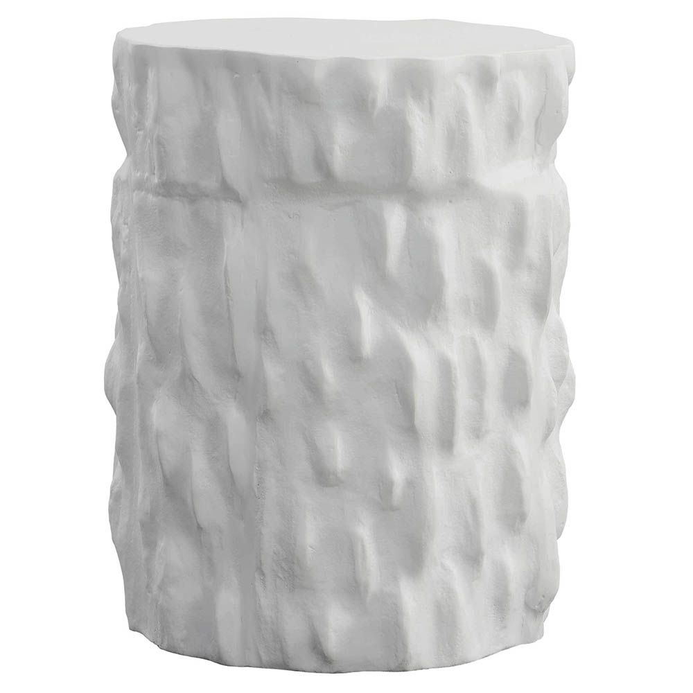 Textured tree trunk-like side table with chalky white finish