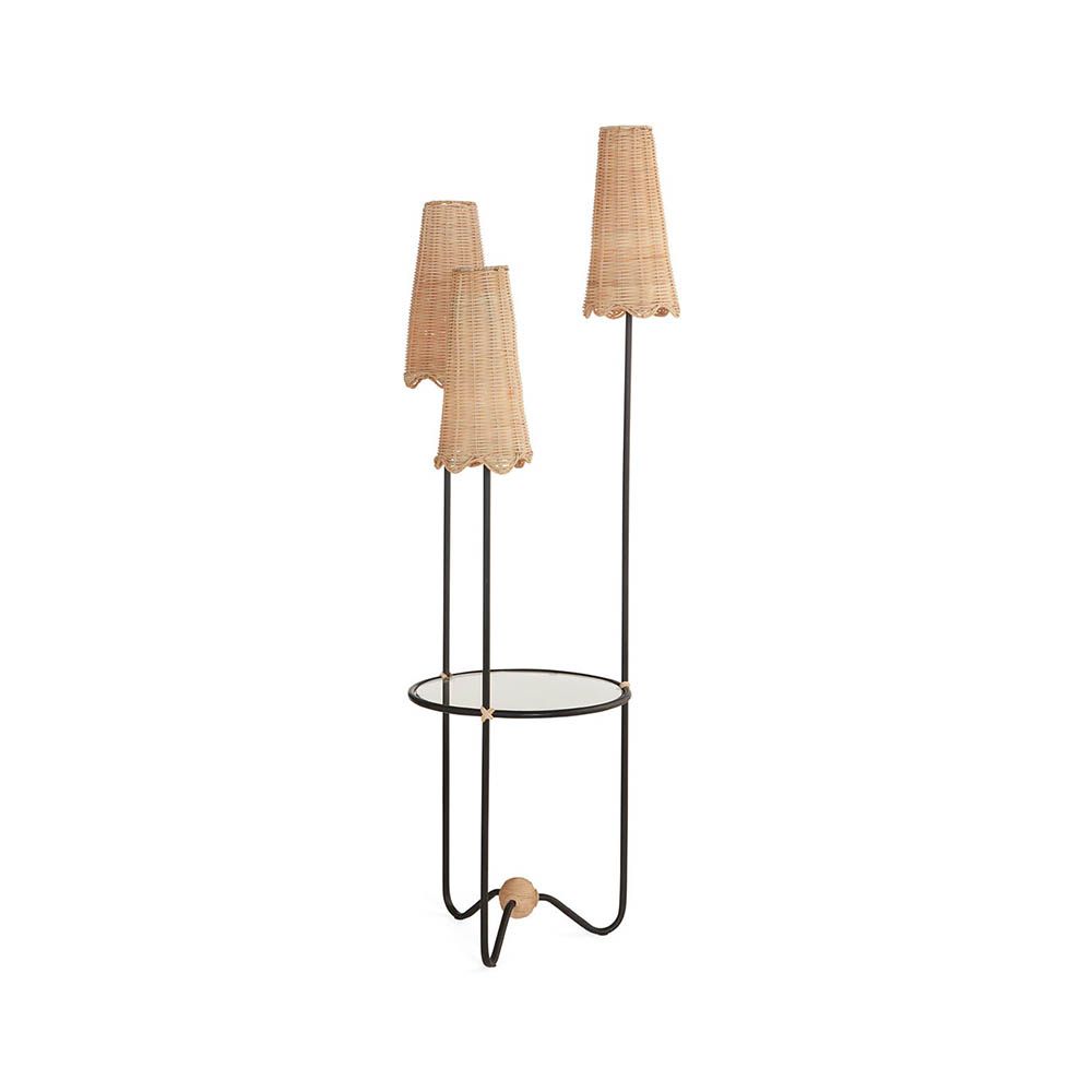 Natural rattan floor lamp with black steel legs and glass table