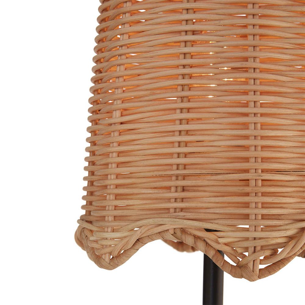 Natural rattan floor lamp with black steel legs and glass table