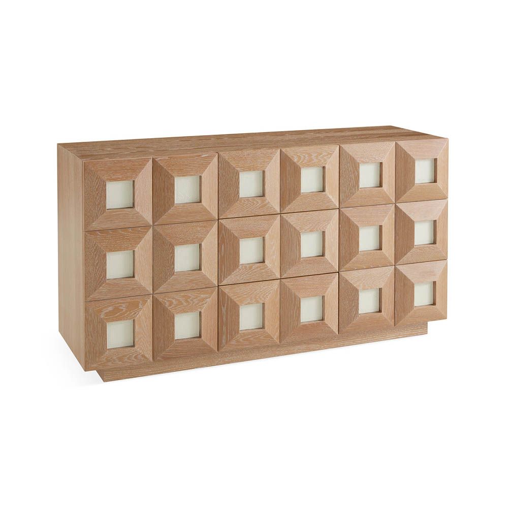 Brown wooden buffet with leather inset panels
