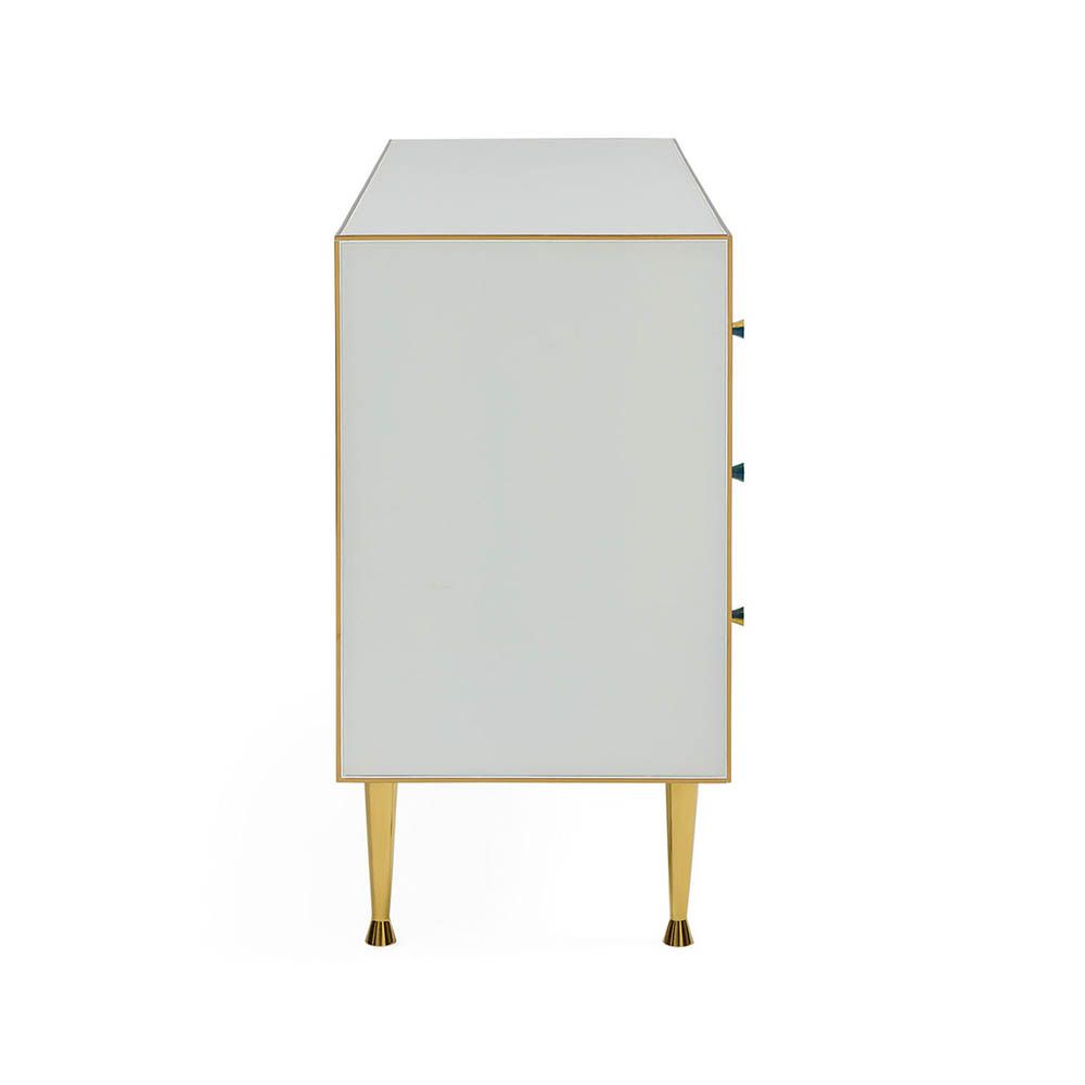 White console table with blue circle pattern