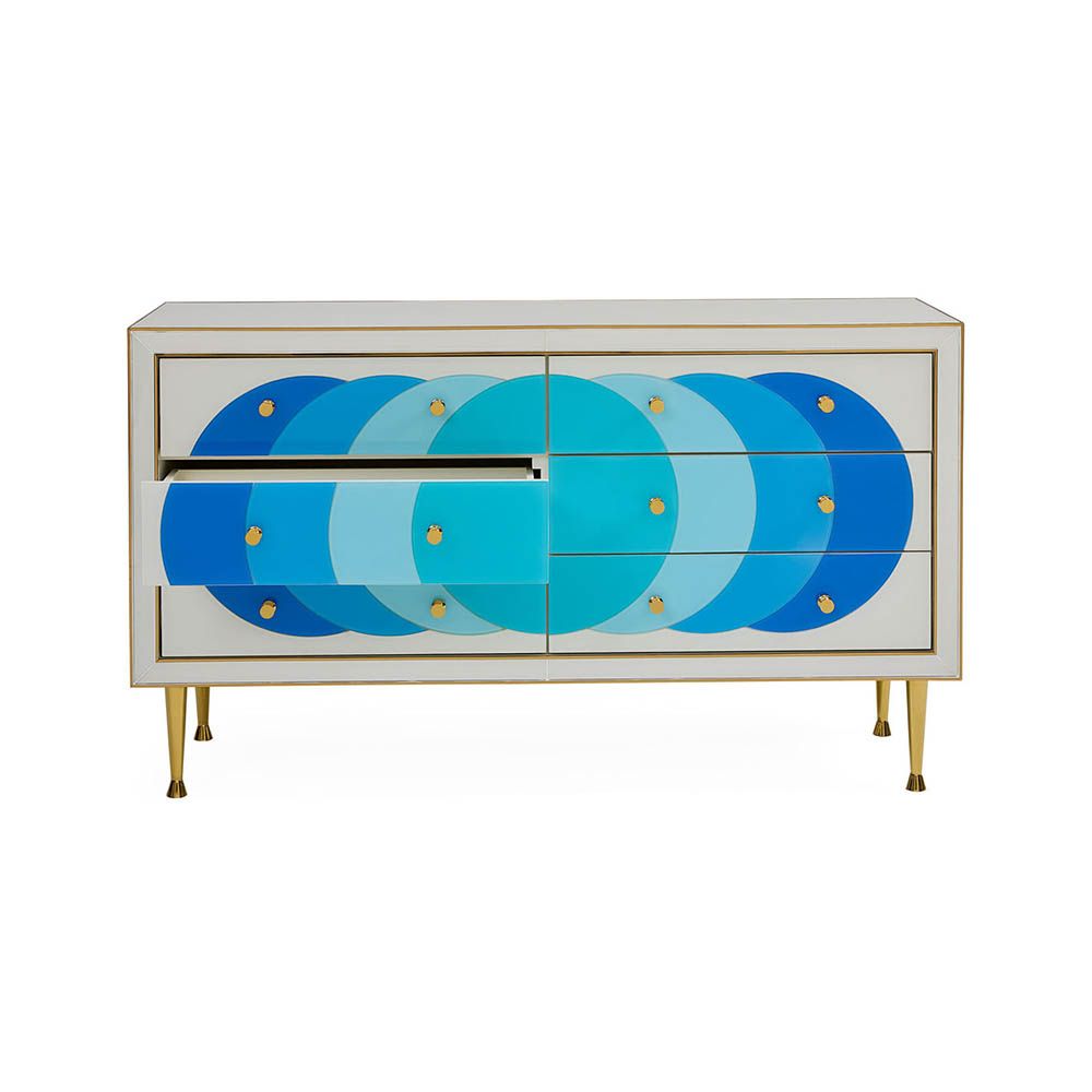 White console table with blue circle pattern