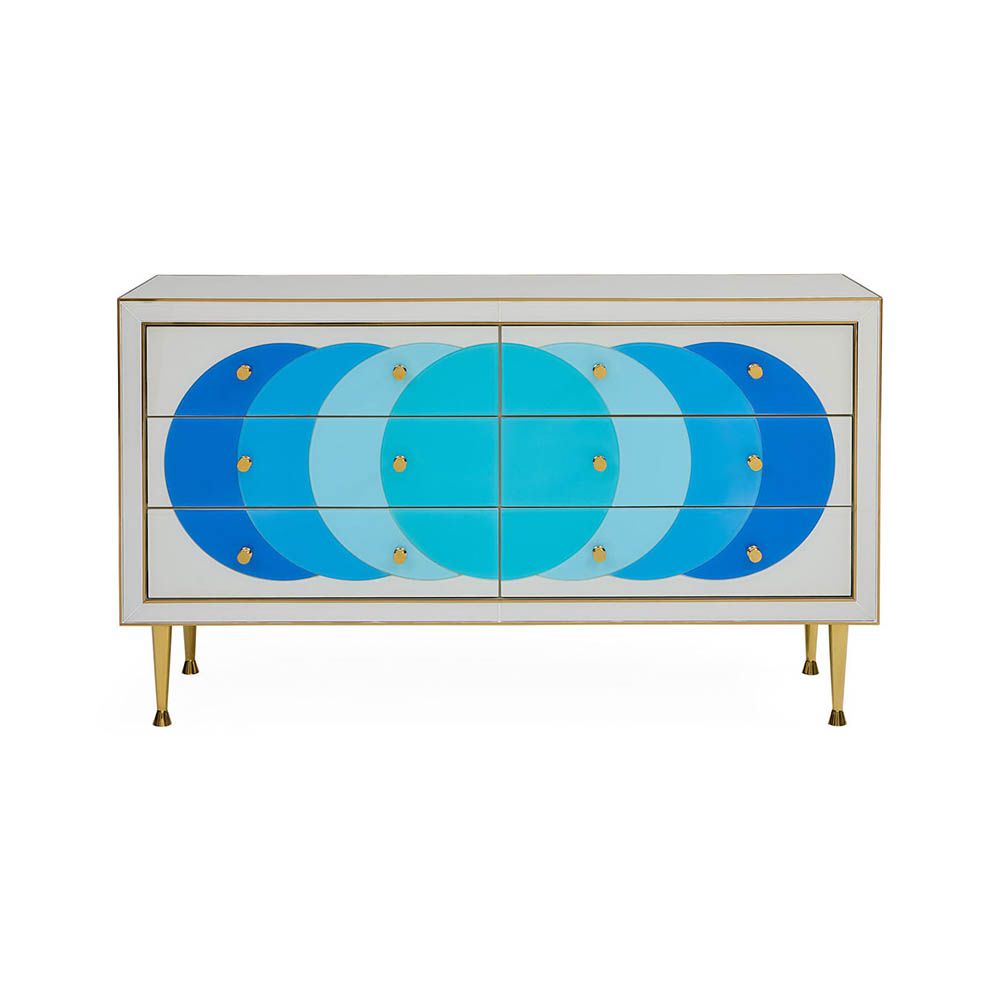 White console table with blue circle pattern