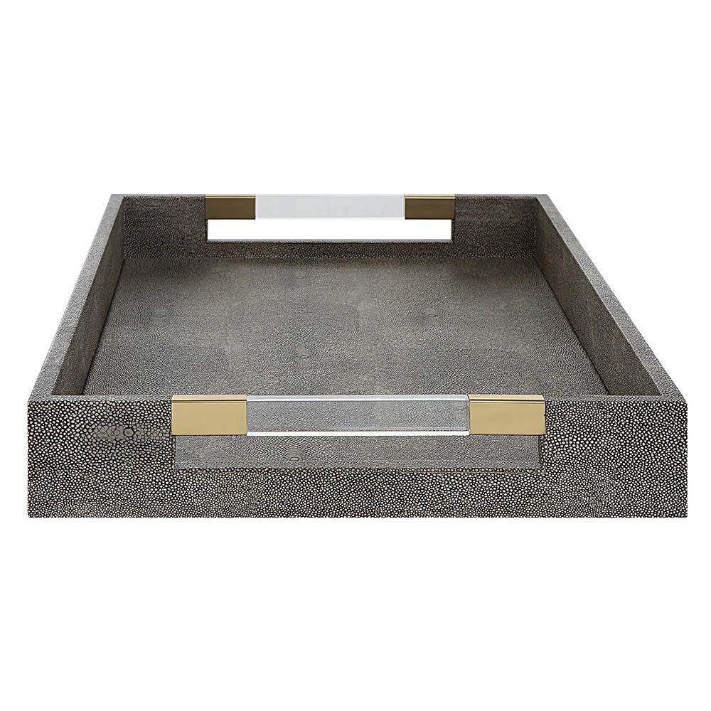 Shagreen textured grey tray with clear acrylic handles and brass accents