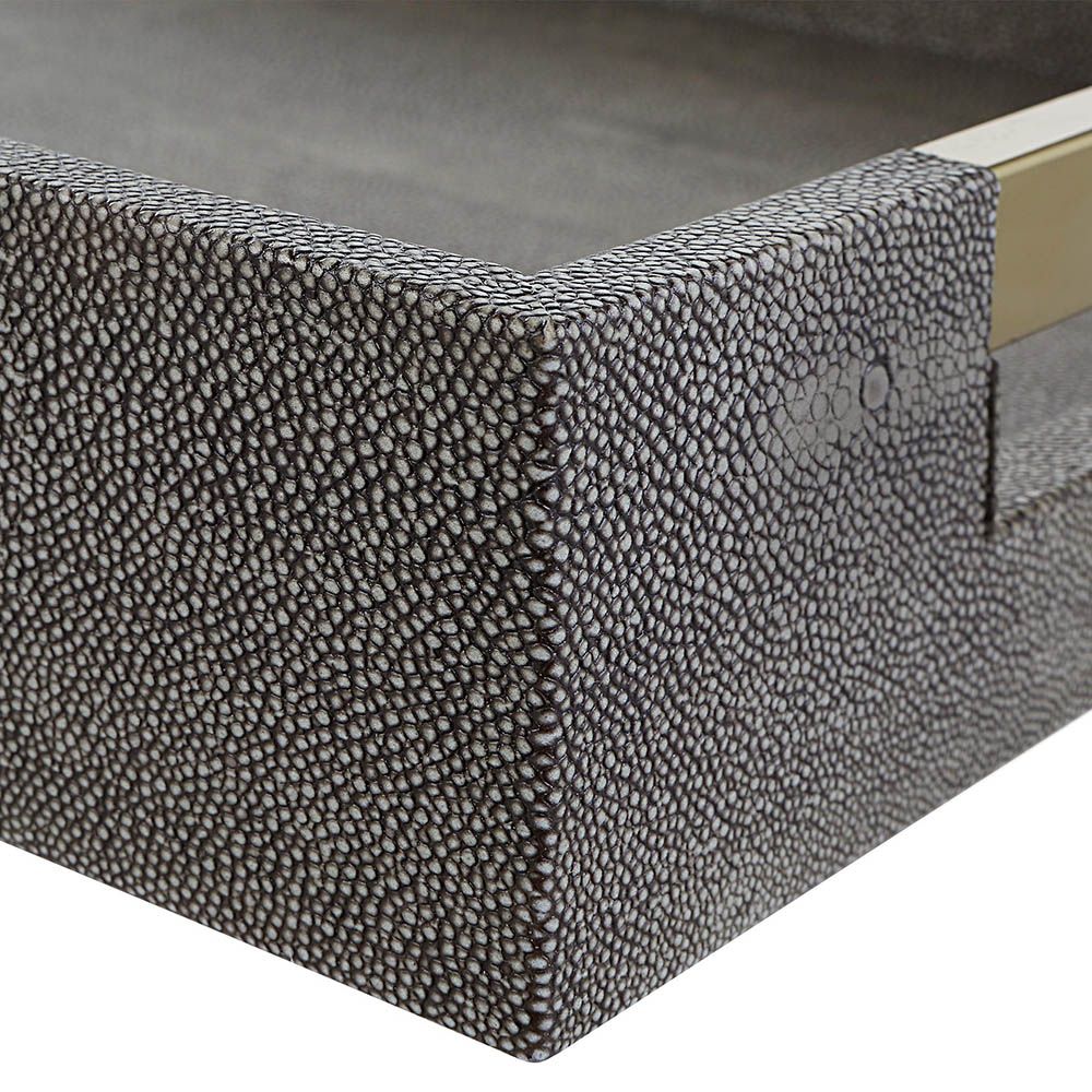 Shagreen textured grey tray with clear acrylic handles and brass accents