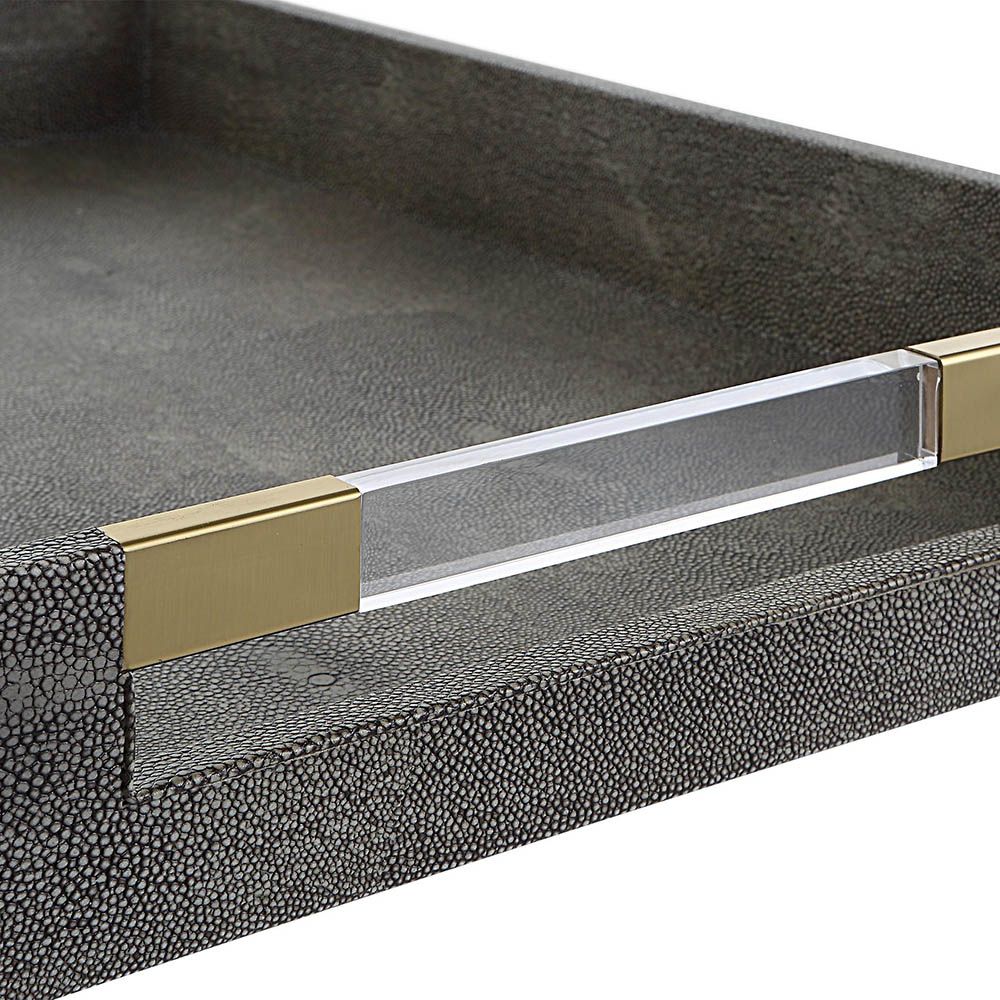 Shagreen textured grey tray with clear acrylic handles and brass accents