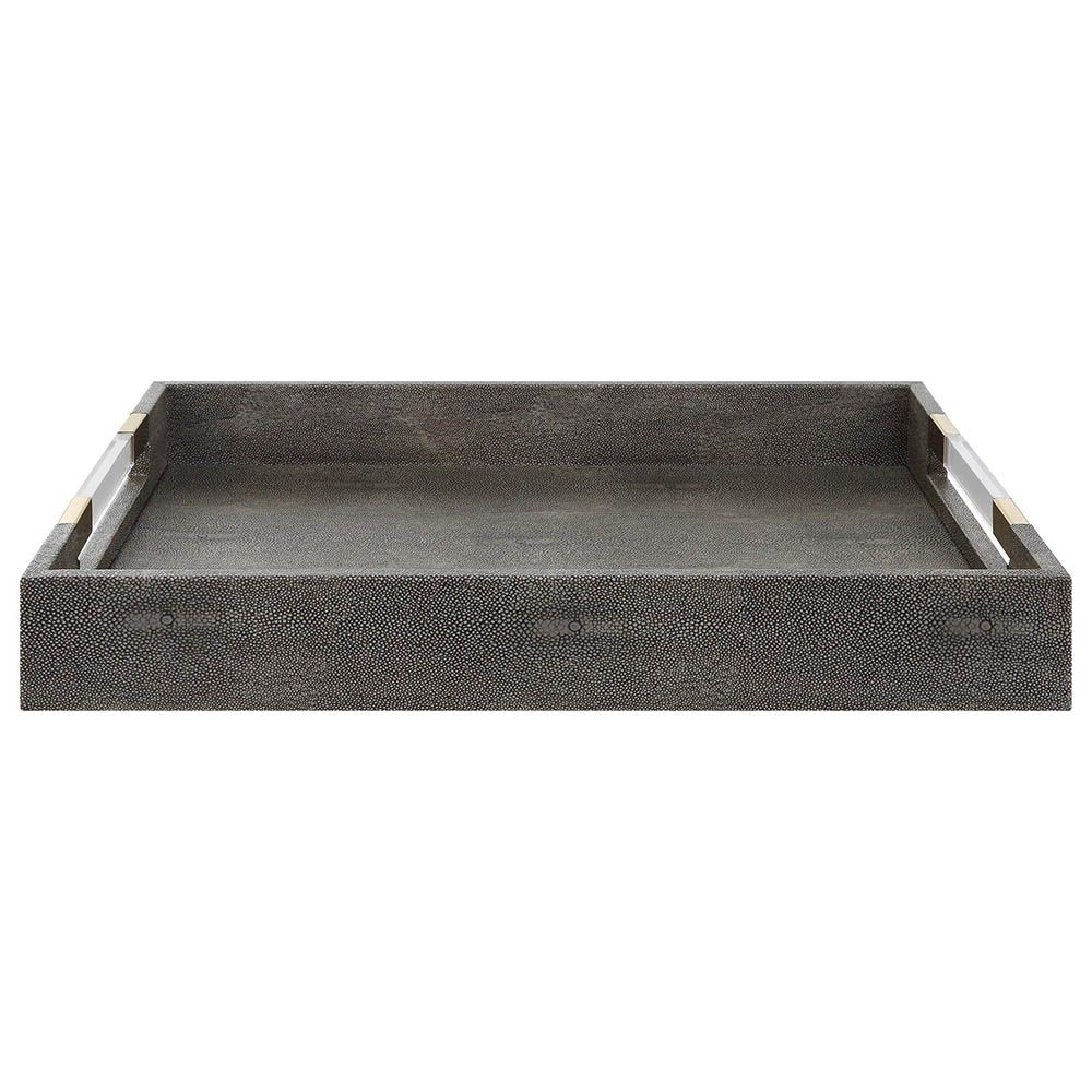 Shagreen textured grey tray with clear acrylic handles and brass accents