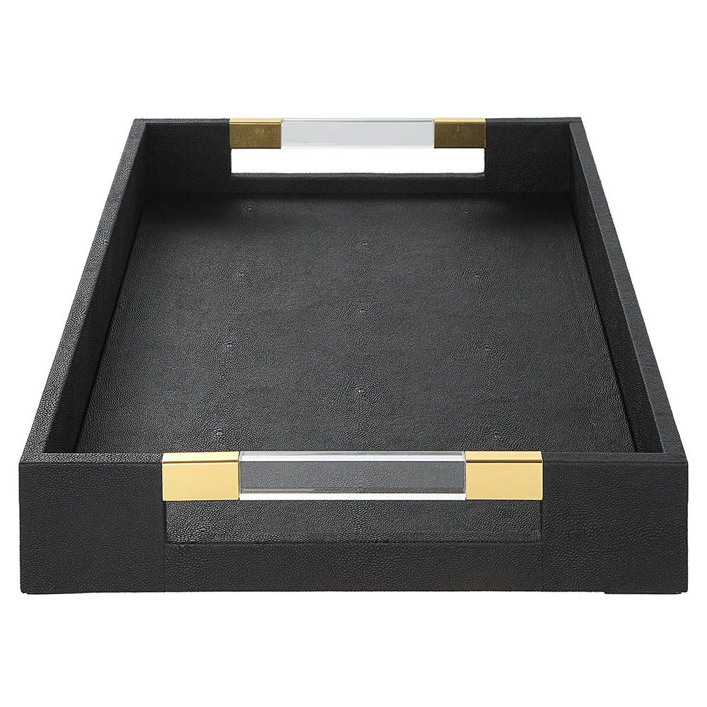 Sleek black shagreen textured tray with clear acrylic handles and brass accents