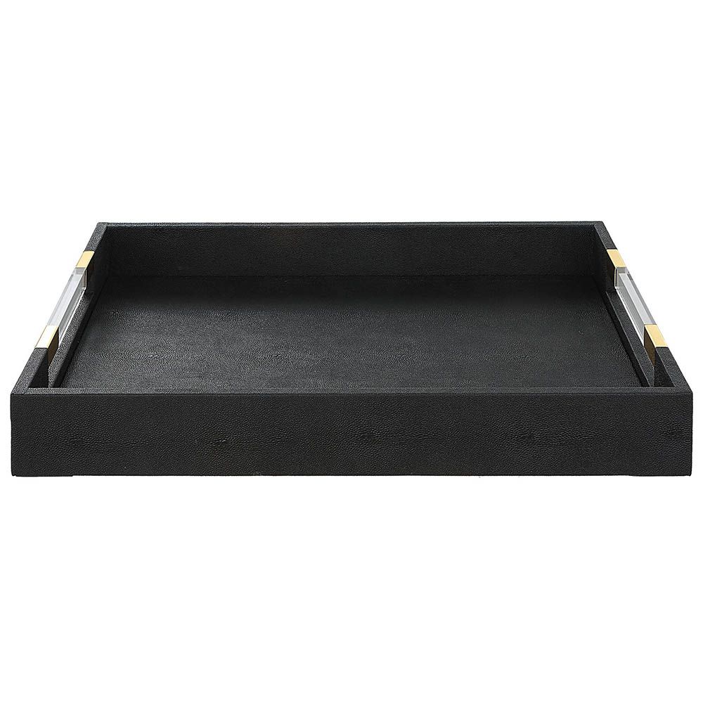Sleek black shagreen textured tray with clear acrylic handles and brass accents